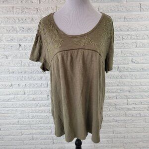 Natural Reflections Women Top 2X Plus Tee Short Sleeve Green Embroidered GRE40E